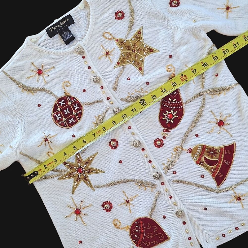 Vintage 90's KIKIT Christmas Sweater Cream Embellished Ornaments Cardigan size S - Picture 9 of 16